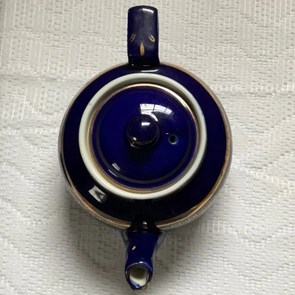 Vintage Hall’s China Cobalt and Gold Teapot and Trivet Boston